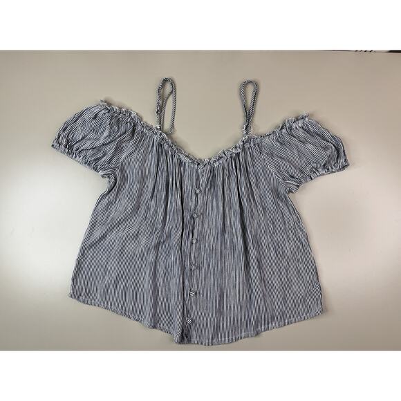 VTG American Eagle Womens Milkmaid Flowy Top XL Blue White Nautical Peasant Boho - Picture 4 of 10